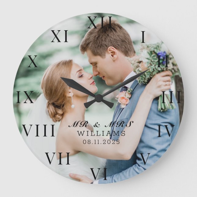 Modern Elegant Photo Newly Wed Wedding Large Clock (Front)