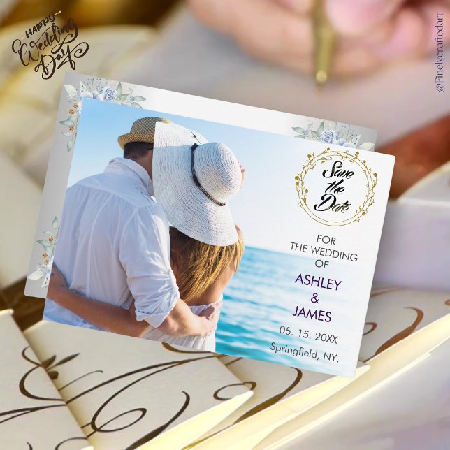 Modern Elegant Photo Save the Date Gold Floral  Invitation (Creator Uploaded)