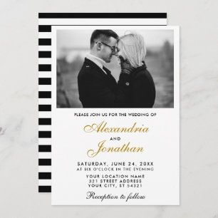 Modern Elegant Photo Striped Wedding Gold BW Invitation
