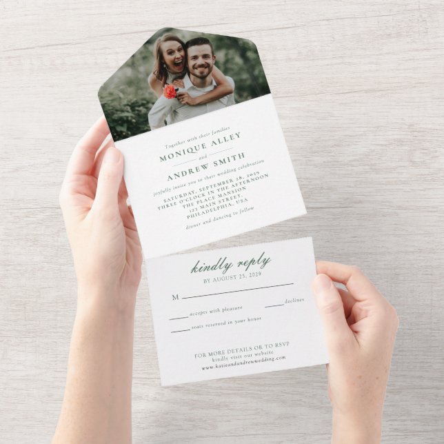 Modern Elegant Photo Wedding Sage Green Script All In One Invitation (Tearaway)