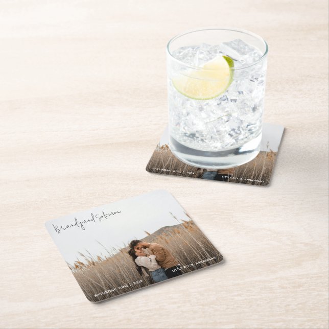 Modern Elegant Photo Wedding Square Paper Coaster (Insitu)
