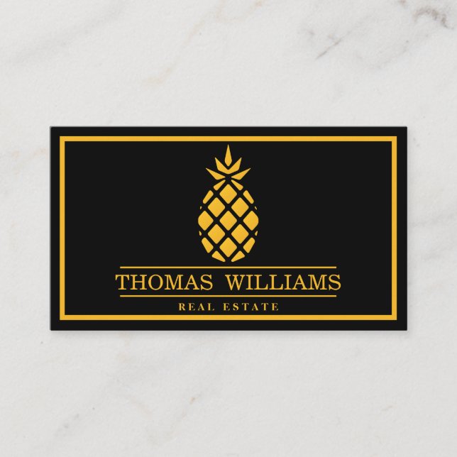 Modern Elegant Pineapple Logo on Black Background Business Card (Front)