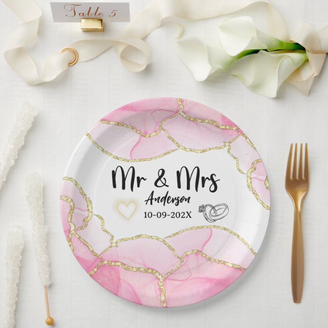Modern Elegant Pink and Gold Mr and Mrs Wedding  Paper Plate (Wedding)