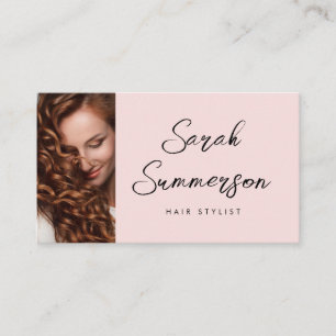 Modern Elegant Pink Black Script Hair Stylist Business Card