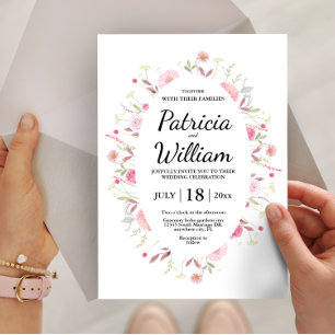 Modern Elegant Pink Blossom Wildflowers Wedding Invitation