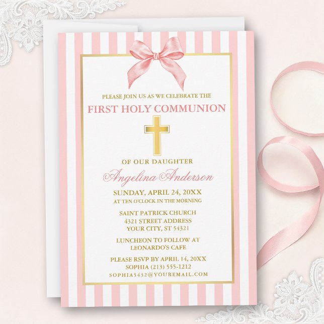 Modern Elegant Pink Blush Striped Communion Invitation (Customize to change text color, text size or style.)