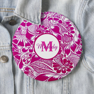modern elegant pink botanical floral mehndi henna 6 cm round badge