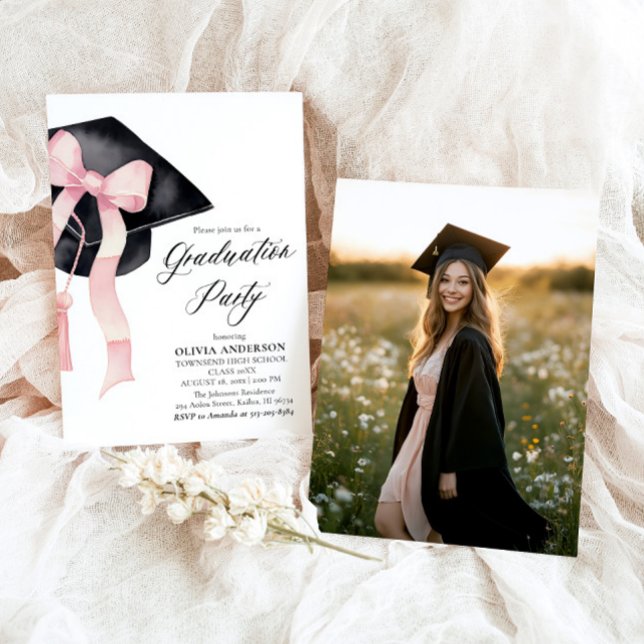 Modern Elegant  Pink Bow Graduation Cap Graduation Invitation (Watercolor Modern Elegant Trendy Stylish Pink Bow Graduation Invitation)