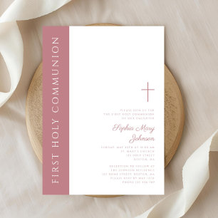 Modern Elegant Pink Cross Girl First Communion Invitation