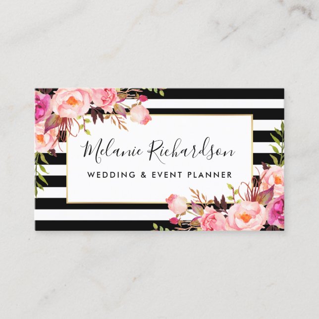Modern Elegant Pink Floral Black Striped Business Card (Front)