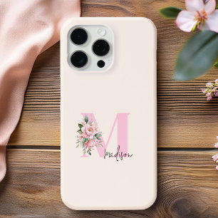 Modern Elegant Pink Floral Initial Name Monogram iPhone 16 Pro Max Case