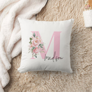 Modern Elegant Pink Floral Initial Name Monogram Cushion