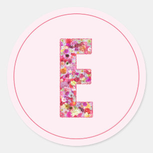 Modern Elegant Pink Floral Monogram Letter E Classic Round Sticker