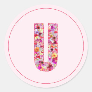 Modern Elegant Pink Floral Monogram Letter U Classic Round Sticker