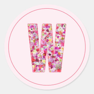 Modern Elegant Pink Floral Monogram Letter W Classic Round Sticker