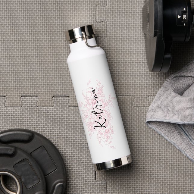Modern Elegant Pink Floral Name Scripted Water Bottle (Gym (Rotated))
