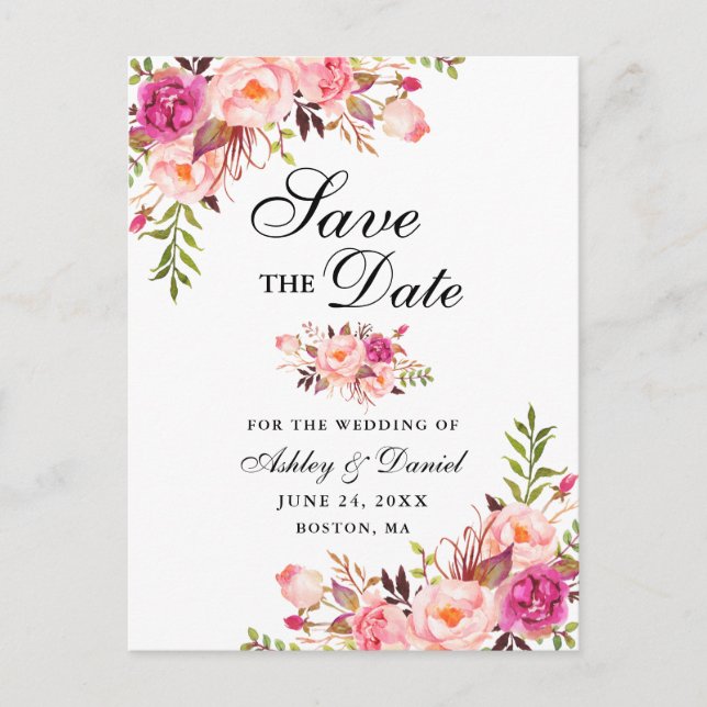 Modern Elegant Pink Floral Save the Date Announcement Postcard (Front)