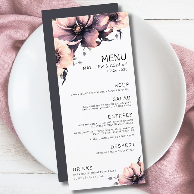 Modern Elegant Pink Floral Wedding Menu (Unique Modern Elegant Floral Pink Black Wedding Menu)