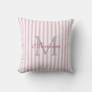 Modern Elegant Pink French Stripes Name Monogram Cushion