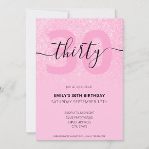 Modern Elegant Pink Glitter 30th Birthday Invitation