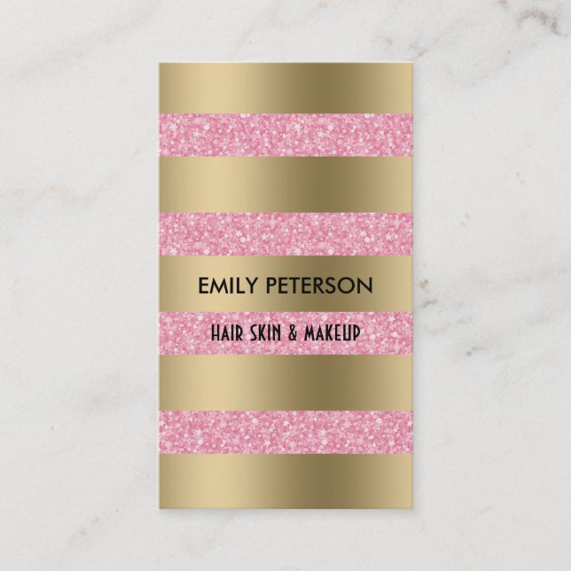Modern Elegant Pink Glitter And Gold Stripes Business Card (Front)