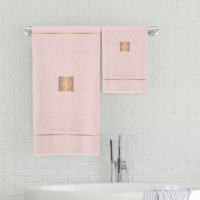 Modern elegant pink gold chic monogrammed stripes bath towel set (Creator Uploaded)