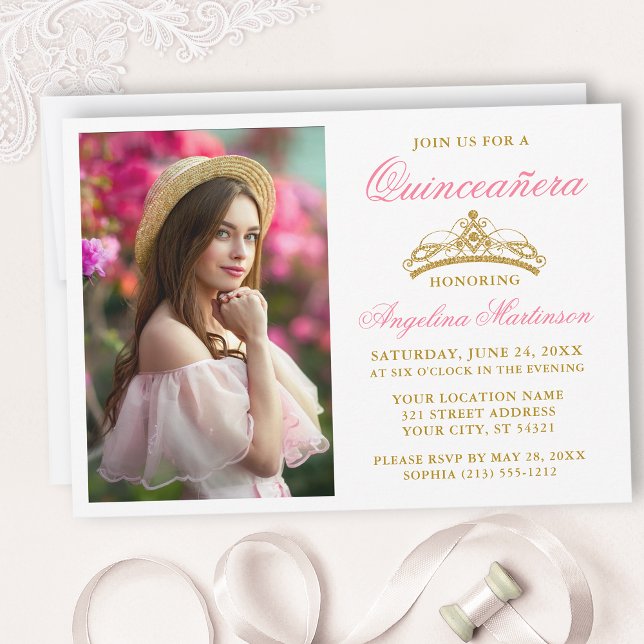 Modern Elegant Pink Gold Crown Photo Quinceanera Invitation (Customize to change text size, style, color or to add text or more photos to back of card.)