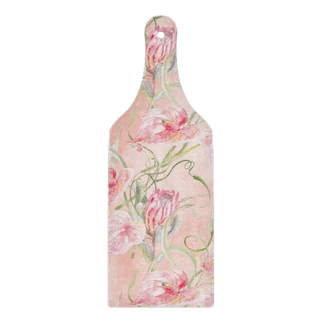 Modern Elegant Pink Peace Lilies On Peach Silk Cutting Board (Front)