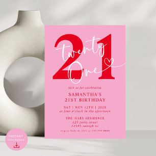 Modern Elegant Pink Red 21st Birthday Party Invitation