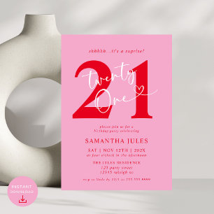 Modern Elegant Pink Red 21st Birthday Party Invitation