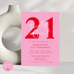 Modern Elegant Pink Red 21st Birthday Party Invitation