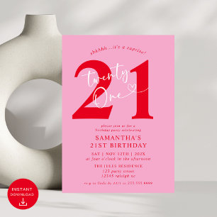 Modern Elegant Pink Red 21st Birthday Party Invitation