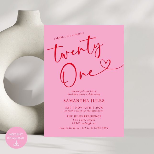 Modern Elegant Pink Red 21st Birthday Party Invitation (Creator Uploaded)