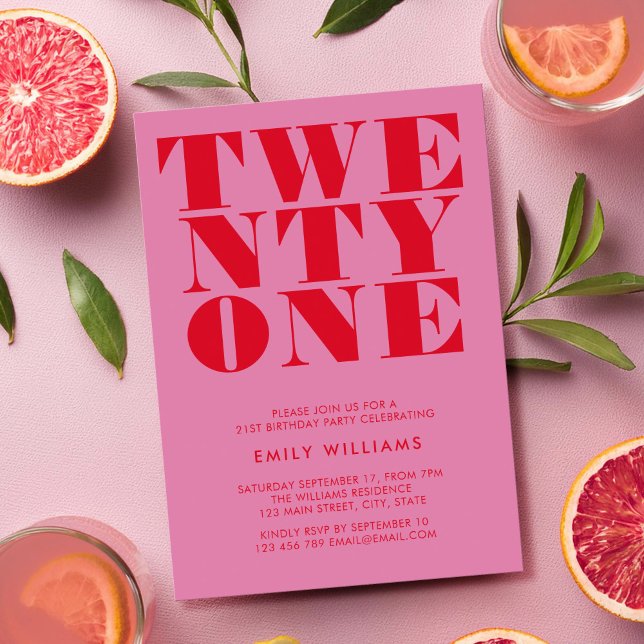 Modern Elegant Pink Red Bold 21st Birthday Invitation (Creator Uploaded)