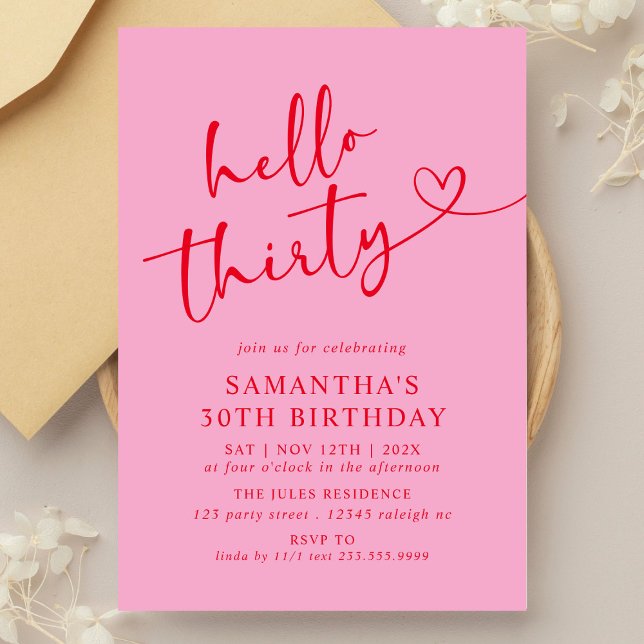 Modern Elegant Pink Red Hello 30th Birthday Party Invitation (Creator Uploaded)