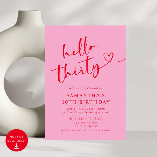 Modern Elegant Pink Red Hello 30th Birthday Party Invitation