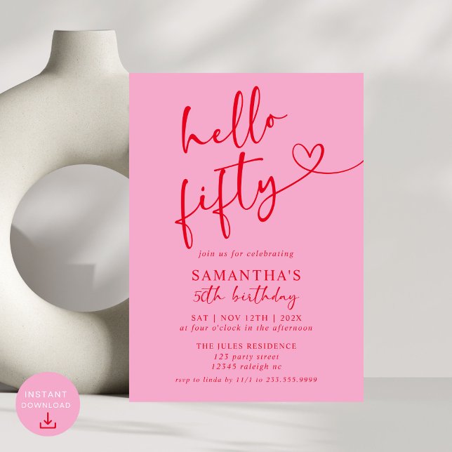 Modern Elegant Pink Red Hello 50th Birthday Party Invitation (Creator Uploaded)