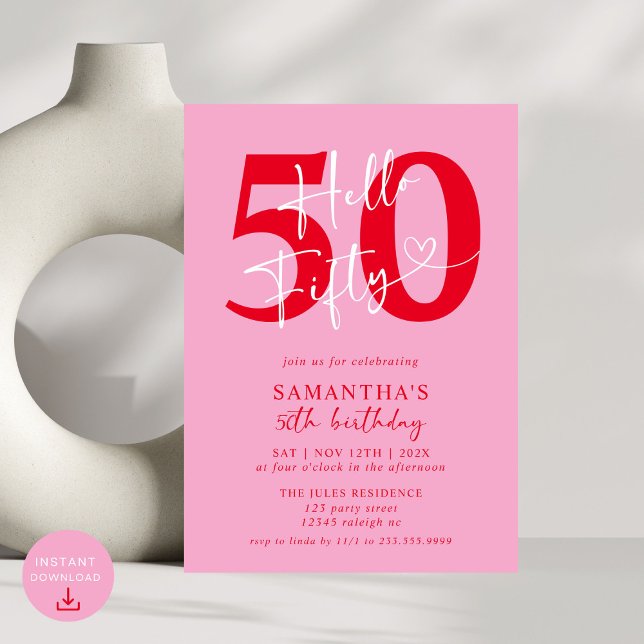 Modern Elegant Pink Red Hello 50th Birthday Party Invitation (Creator Uploaded)