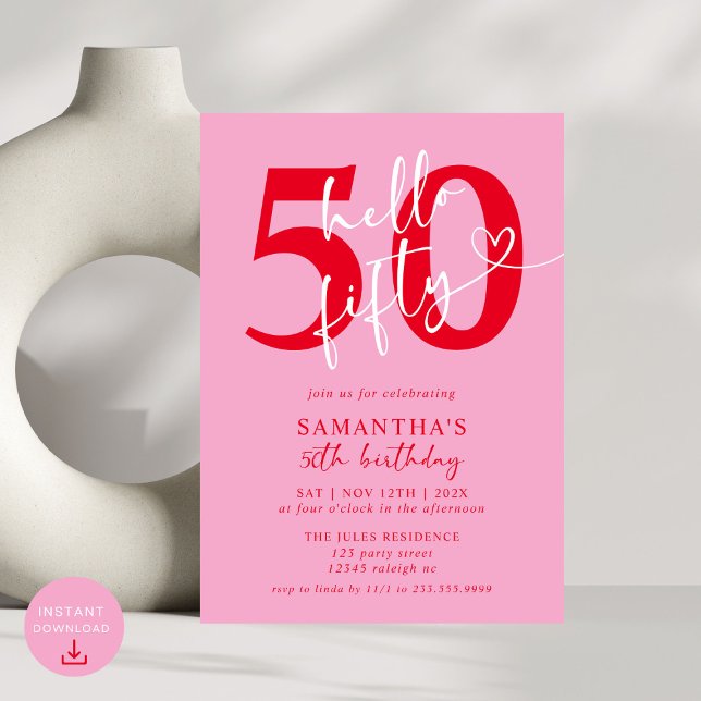 Modern Elegant Pink Red Hello 50th Birthday Party Invitation (Creator Uploaded)