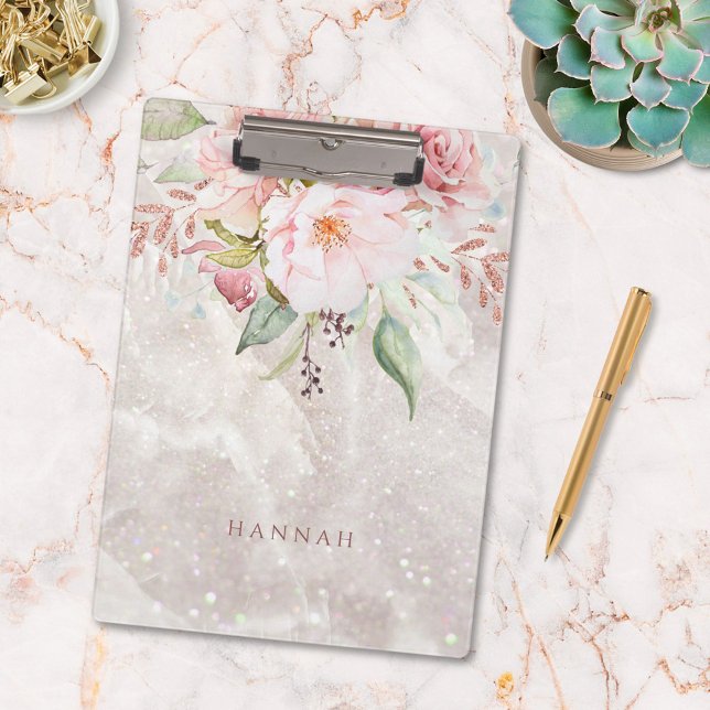 Modern Elegant Pink Rose Peony Floral Marble Clipboard (In situ)