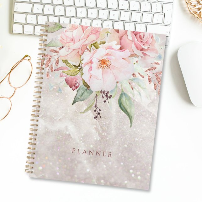 Modern Elegant Pink Rose Peony Floral Marble Planner (In situ)