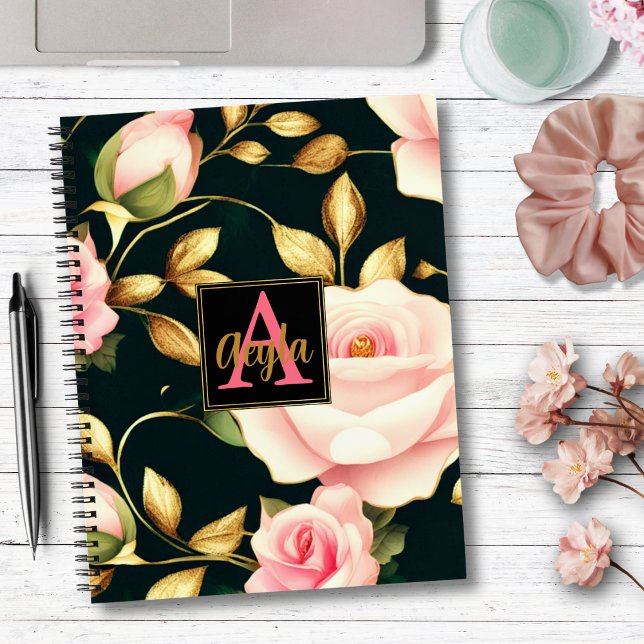 Modern Elegant Pink Roses Gold Leaves Monogram Notebook (Creator Uploaded)