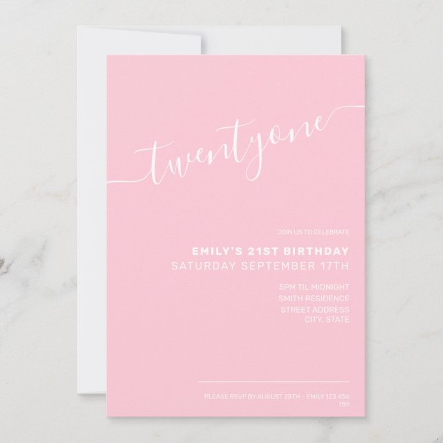 Modern Elegant Pink Script 21st Birthday Invitation (Front)