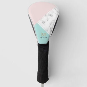 Modern elegant pink turquoise marble monogram golf head cover