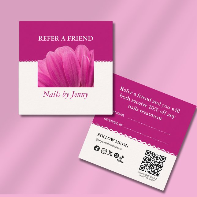 Modern Elegant Pink White Floral Nail Artist Referral Card (Creator Uploaded)