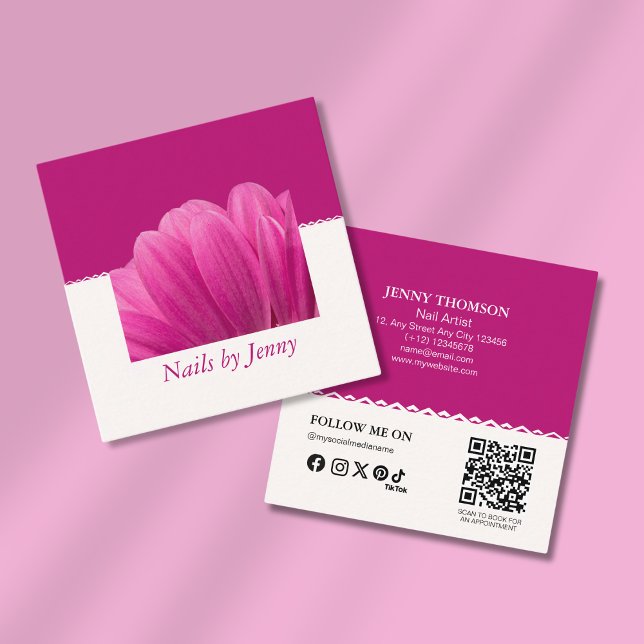 Modern Elegant Pink White Floral Nail Artist Square Business Card (Creator Uploaded)