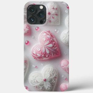 Modern elegant pink white heart valentine iPhone 13 pro max case