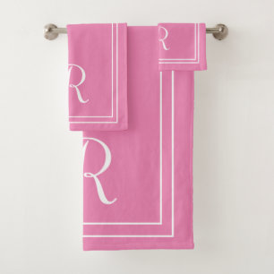 Modern Elegant Pink & White Monogram Bath Towel Set