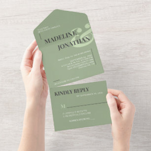 Modern Elegant Plain Sage Green Bold Wedding RSVP All In One Invitation