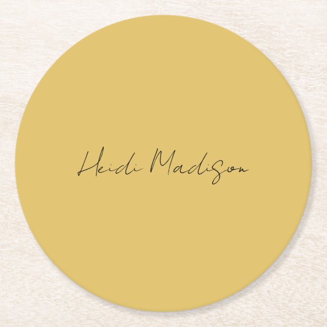 Modern Elegant Plain Simple Gold Colour Calligraph Round Paper Coaster (Front)